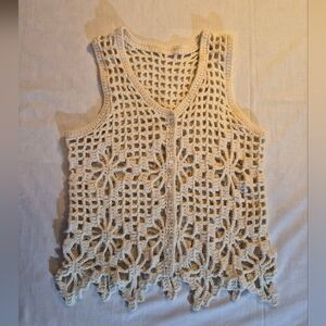 Cottagecore Geandmacore Crochet Sleeveless Pearl Buttoned Vest Cream One Size